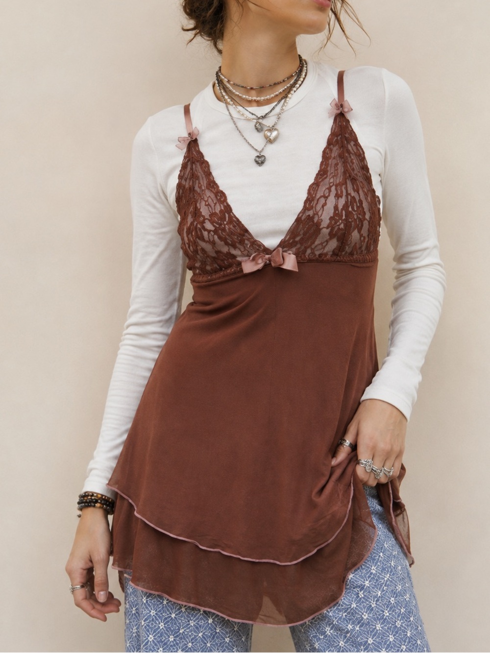 Upcycled Brown Satin Lace Camisole Cami Top Lingerie Style